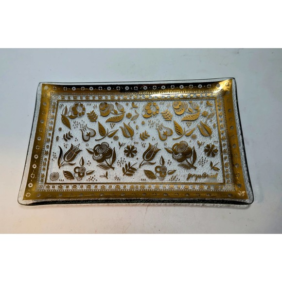 Vintage MCM Georges Briard Persian Garden Gold Gilt Floral Glass Tray Signed - Picture 1 of 5